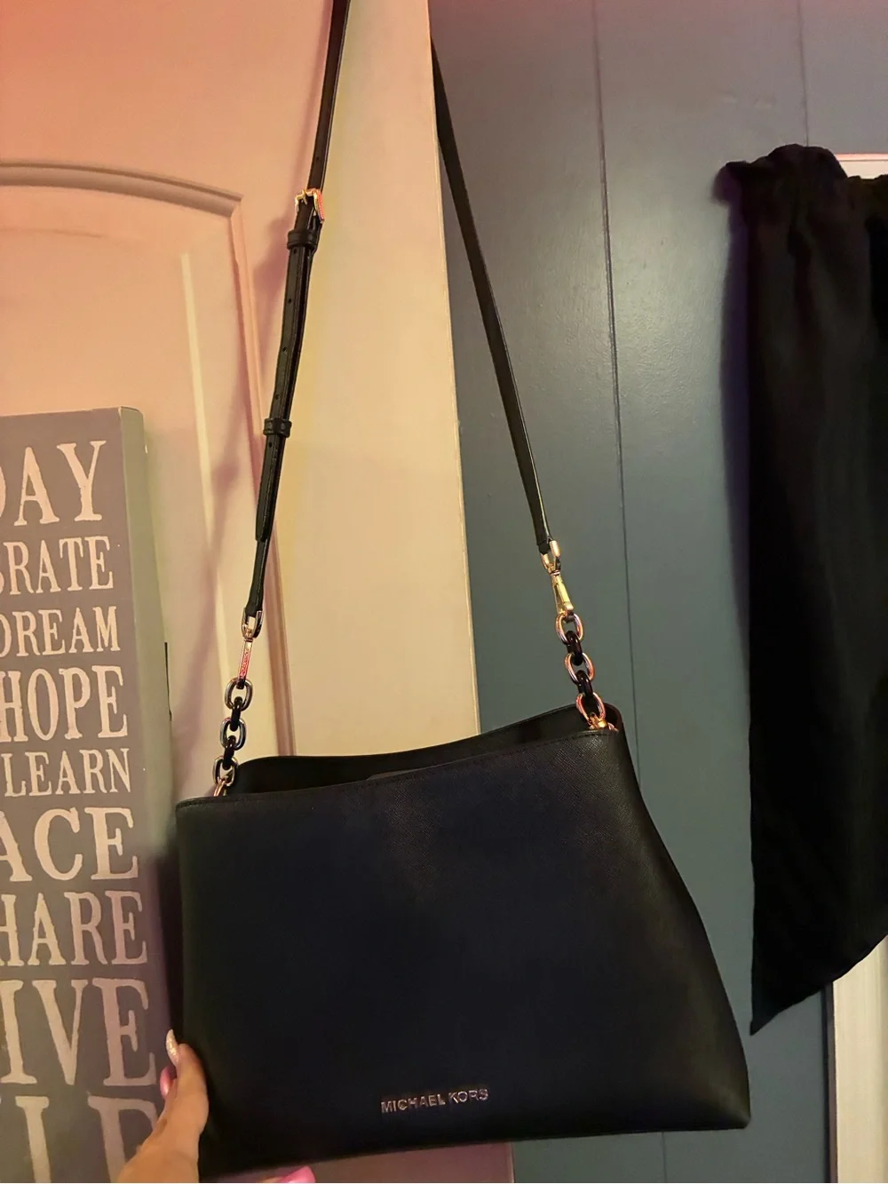 Michael Kors Black Leather Shoulder Bag with Gold Hardware